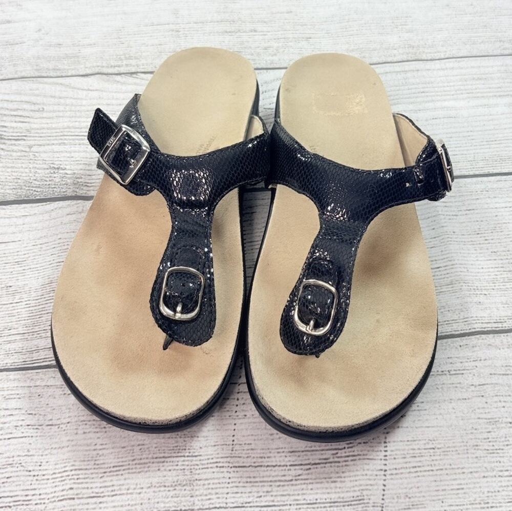 SAS Sanibel Slide Sandal Thong T Strap Buckle Adjustable Black Snake Size 8M